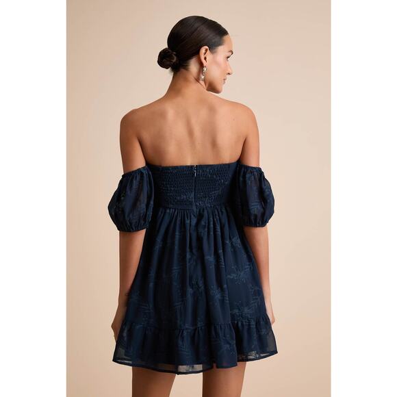 NWT Lulus Cutest Icon Navy Embroidered Off-the-Shoulder Mini Dress Cottage Sz M - Picture 3 of 8